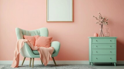 Poster - Modern room showcases a pastel pink wall and mint-colored furniture. A cozy chair adorned with pillows complements the stylish cabinet, creating a serene atmosphere