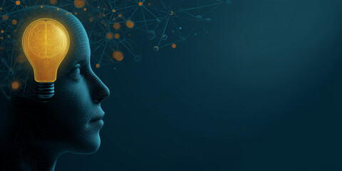 Poster - Wireframe head profile with glowing lightbulb brain inside, symbolizing ideas, innovation, and intelligence, against a dark blue background with free space for text