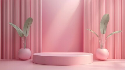 Poster - A soft pink backdrop enhances a circular podium as it stands prominently in a modern interior. Two elegant plants in pots add tranquility to the aesthetic, creating a stylish display area