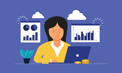 Poster - Woman laptop working business analysis of financial analytics report concept