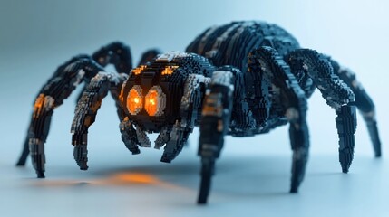 Wall Mural - Sinister mechanical spider with gleaming eyes and an ominous foreboding presence conveying a sense of alien technological horror and the blurring of the natural and worlds