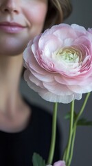 Poster - A woman gently holds a soft pink ranunculus, focusing on its intricate petals and vibrant hues. This close-up highlights the flower's natural elegance against a neutral backdrop
