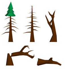 Poster - A series of different types of trees, including a green pine tree and a dead tree. The dead tree has a lot of branches and is almost completely brown. The other trees are also brown