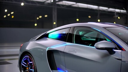 Poster - Futuristic electric sports car in neon-lit studio. Ideal for automotive design, modern luxury, or high-tech promos.