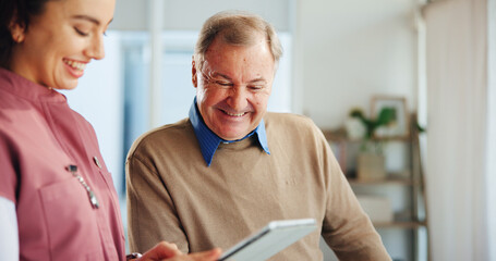Poster - Tablet, consultation and nurse with senior man in clinic office for healthcare discussion. Digital technology, medical and caregiver with elderly male patient in retirement for chronic illness.