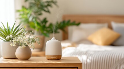 Poster - A modern bedroom with a wooden nightstand, potted plants, and an essential oil diffuser emitting vapor in soft natural light, Mindful Product Photography.