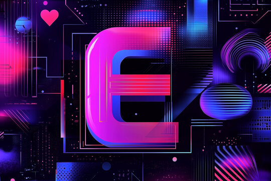Abstract digital art with the letter 'E' in bold, modern typography, surrounded by geometric shapes and vibrant colors