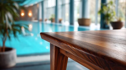 Wall Mural - Elegant Wooden Table by Serene Indoor Pool Environment