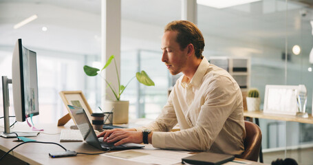 Aufkleber - man, typing and research on laptop for business, email draft or connectivity in office. accountant, 