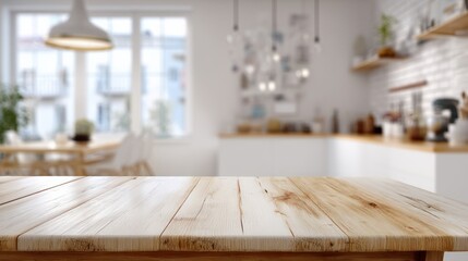 Wall Mural - Modern Kitchen Interior with Wooden Table and Blurred Background