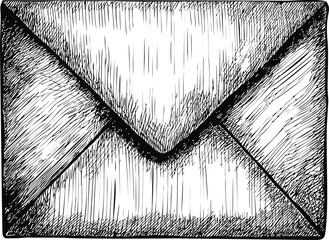 Poster - Detailed black and white sketch of a sealed envelope with crosshatch shading. Vector illustration.