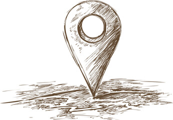 Poster - Sketch of a map location pin on textured surface, hand-drawn illustration. Vector illustration.