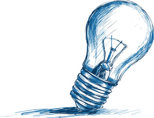Poster - Sketch of a tilted blue light bulb with artistic strokes, conceptual innovation. Vector illustration.