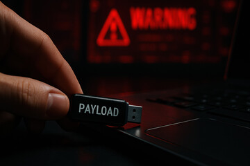 Poster - A strategically inserts a USB drive labeled payload into a laptop symbolizing critical business decisions focused on innovation security and operational strategy