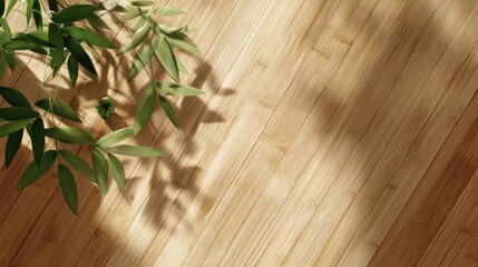 Wall Mural - Natural Bamboo Floor with Green Leaves and Soft Shadows