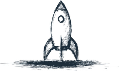 Poster - Sketch of a rocket ship in black and white on a plain background, concept art. Vector illustration.
