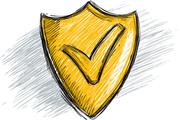 Poster - Yellow shield with checkmark sketch on textured background, symbol of security. Vector illustration.