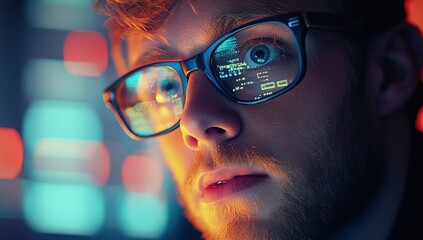 Focused man in glasses with data reflected