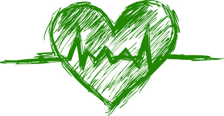 Fototapete - Green sketch of heart with heartbeat line scribbled in vibrant style. Vector illustration.