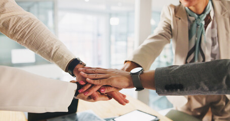 Poster - Collaboration, hands and meeting with business people in office for motivation, solidarity or unity. Huddle, scrum and stack with employee team in corporate workplace for celebration or success