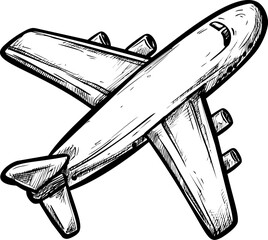Poster - Black and white sketch of a commercial airplane in flight, hand-drawn style. Vector illustration.