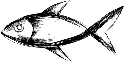 Leinwandbilder - Black and white sketch of a fish with detailed scales and fins illustration. Vector illustration.