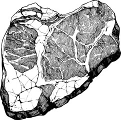 Poster - Detailed black and white sketch of a raw steak with marbling and textured lines. Vector illustration.