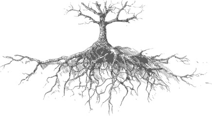Poster - Intricate tree with exposed roots drawn in black and white sketch style. Vector illustration.