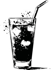 Poster - Black and white illustration of a soda glass with ice and straw, splatter effect. Vector illustration.