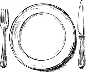 Poster - Hand-drawn sketch of a plate, fork, and knife in black and white illustration. Vector illustration.