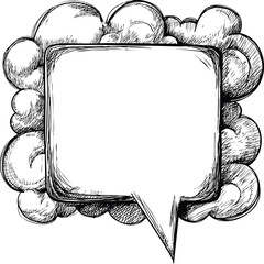 Poster - Hand-drawn speech bubble with clouds in black and white sketch style. Vector illustration.