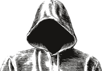 Aufkleber - Graphic of mysterious hooded figure in black and white illustration style. Vector illustration.