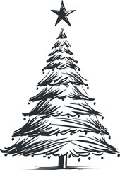 Aufkleber - Sketch of a christmas tree with ornaments and a star on top, black and white. Vector illustration.