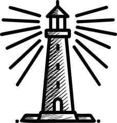 Poster - Black and white illustration of a lighthouse with shining rays, digital sketch. Vector illustration.