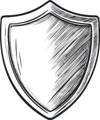 Poster - Black and white sketch of a shield with textured lines, security symbol concept. Vector illustration.
