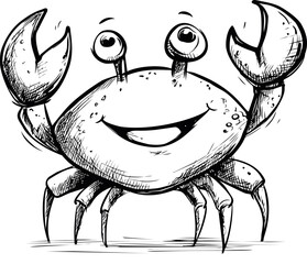 Poster - Happy cartoon crab pencil sketch with large claws and smiling face. Vector illustration.