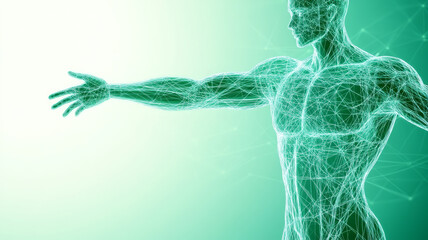 Poster - Glowing human figure made of interconnected lines and nodes, symbolizing technology and health