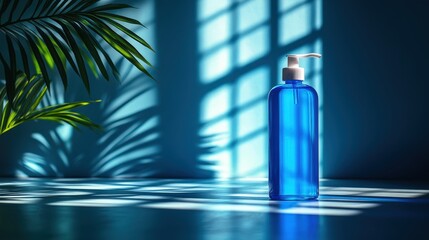 Poster - A vibrant blue bottle stands on a surface, illuminated by shadows from nearby foliage