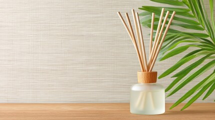 Poster - Minimalist scene with a reed diffuser and green palm leaf on a wooden surface, evoking calm and freshness in a modern setting, Mindful Product Photography.