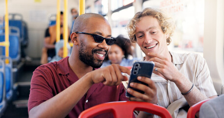 Poster - Smile, men and friends with phone on bus for browsing social media, reading blog and public transport. Happy, people and point with mobile for commute schedule, chat notification and morning journey