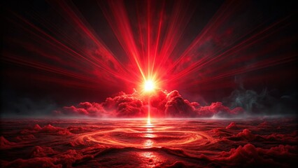 Poster - Abstract Red Light Burst on Black Background - Dramatic Dark Red Landscape Photography