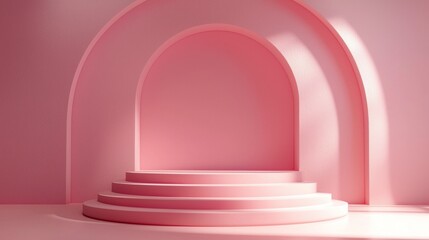 Poster - Soft pink podium with curved arches creates an inviting atmosphere for showcasing products. Natural light enhances the minimalist design, making it perfect for presentations