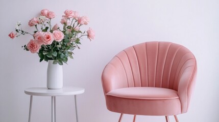 Poster - A stylish display features a vase filled with delicate pink roses next to a contemporary upholstered chair, all set against a pristine white backdrop, creating a serene ambiance