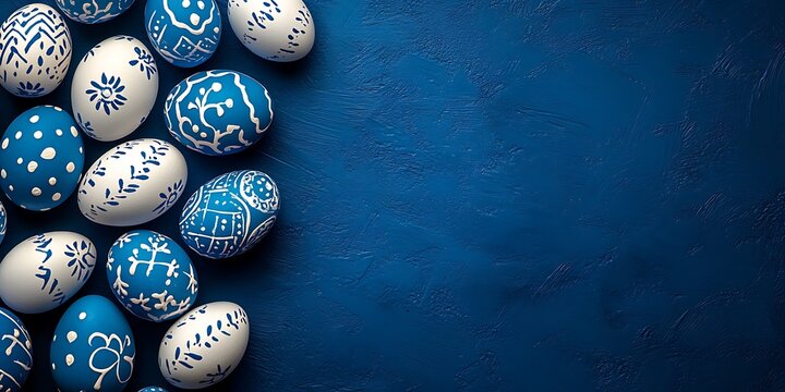 Blue Easter eggs with white patterns on a dark blue background, an Easter concept banner with a copy space area