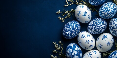 Poster - Blue Easter eggs with white patterns on a dark blue background, an Easter concept banner with a copy space area