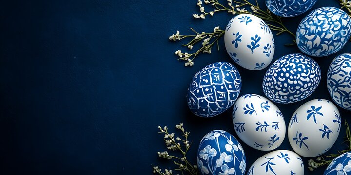 Blue Easter eggs with white patterns on a dark blue background, an Easter concept banner with a copy space area