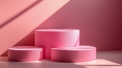 Poster - Soft pink podiums of varying heights are illuminated by warm, diffused light, creating gentle shadows across a minimalistic background. The harmonious color palette emphasizes tranquility