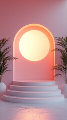 Poster - Soft lighting surrounds a minimal podium featuring a circular light. Lush green plants add to the tranquil ambiance, creating an inviting space for presentations or displays