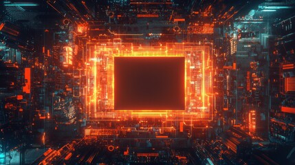 Poster - Abstract circuit board pattern with futuristic glowing frame, empty center mockup background wallpaper AI generated image