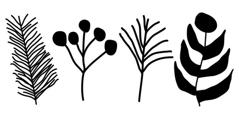 Aufkleber - Minimalist design of three different floral elements in black against a white background. Branch with thin, linear leaves extends upwards.